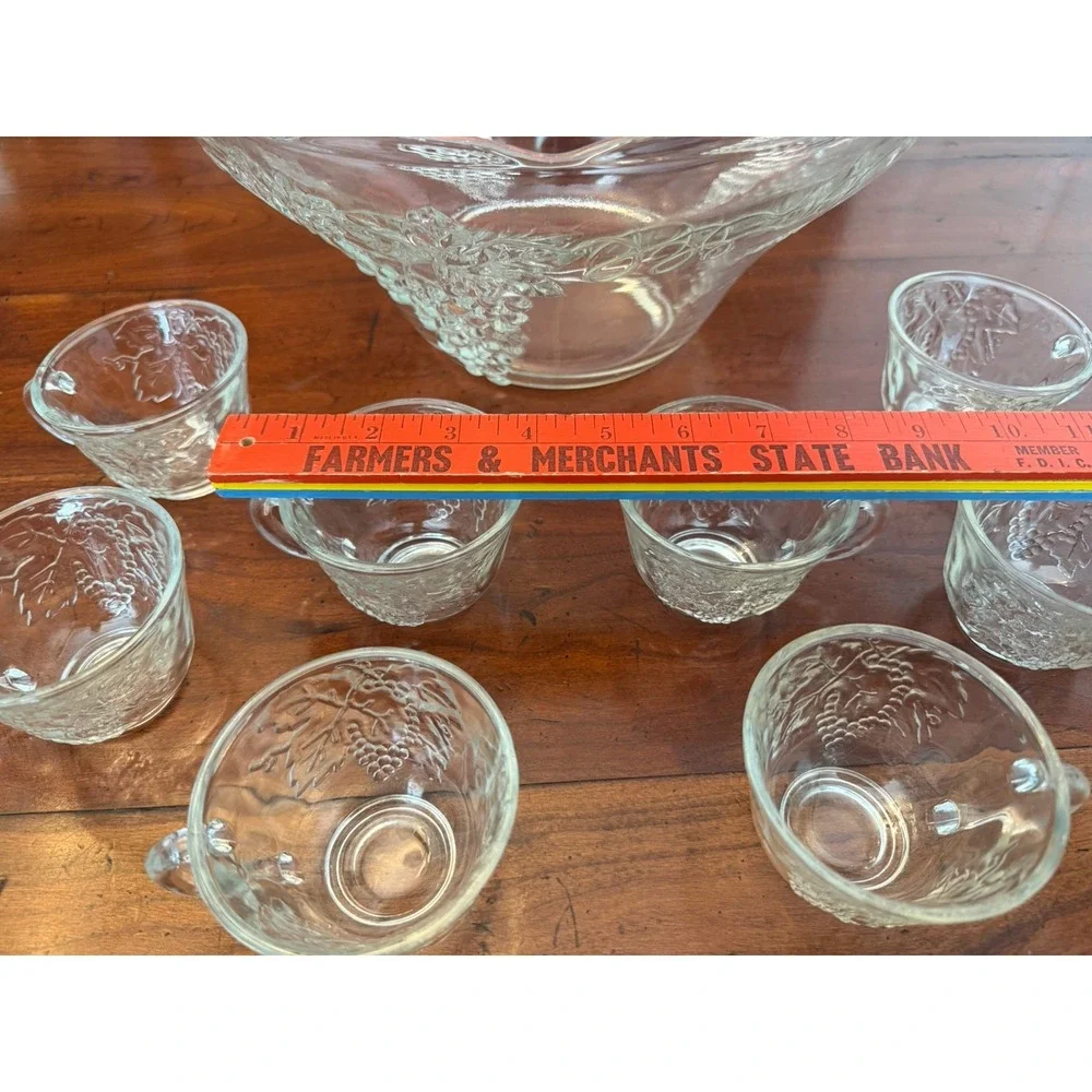 Vintage Anchor Hocking Harvest Grape Punch Bowl Set 9 Pieces Clear Glass Ruffled